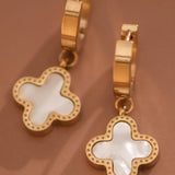 18K Clover Pearl Drop Earrings Waterproof Stainless Steel