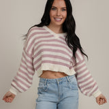 The Sadie Long-Sleeve V-Neck Striped Cropped Sweater
