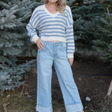 The Sadie Long-Sleeve V-Neck Striped Cropped Sweater